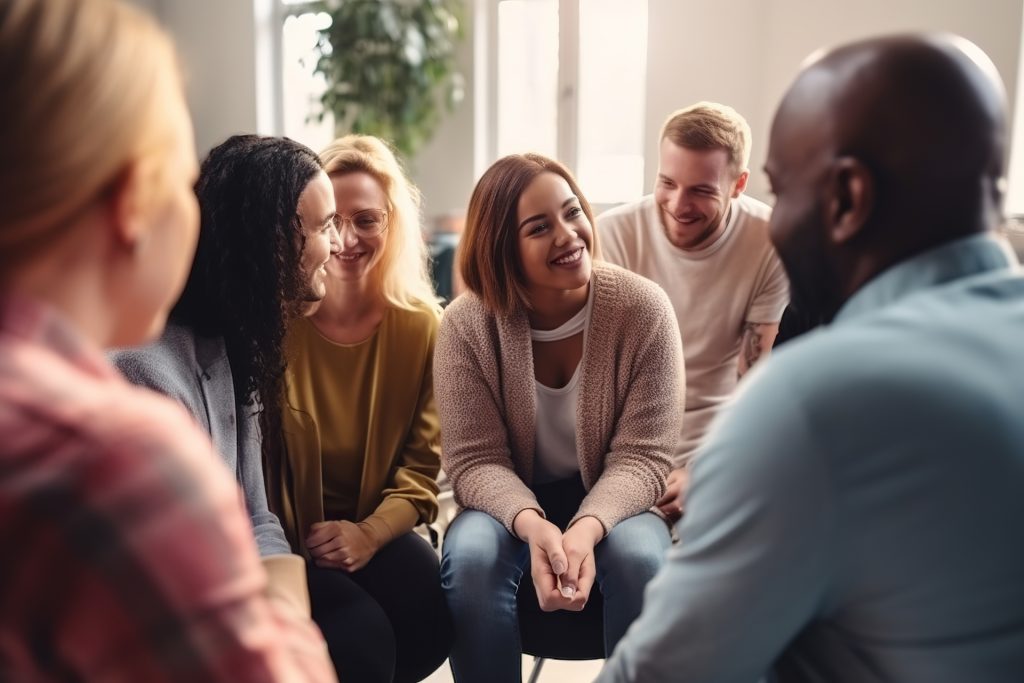 Men and women smiling together in a support group after taking an am I an addict quiz
